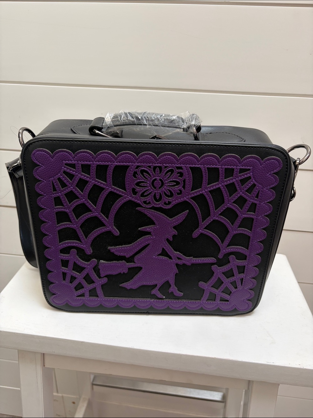Backstitch Bruja Black and Purple Witch Appliqué Satchel Bag